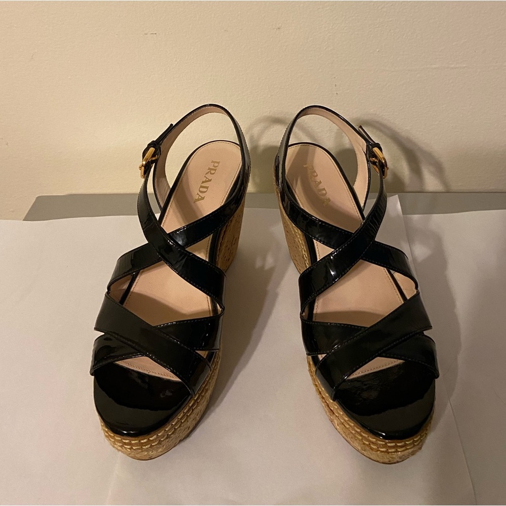 Prada black patent leather cork wedge sandals IT37/ US6.5.